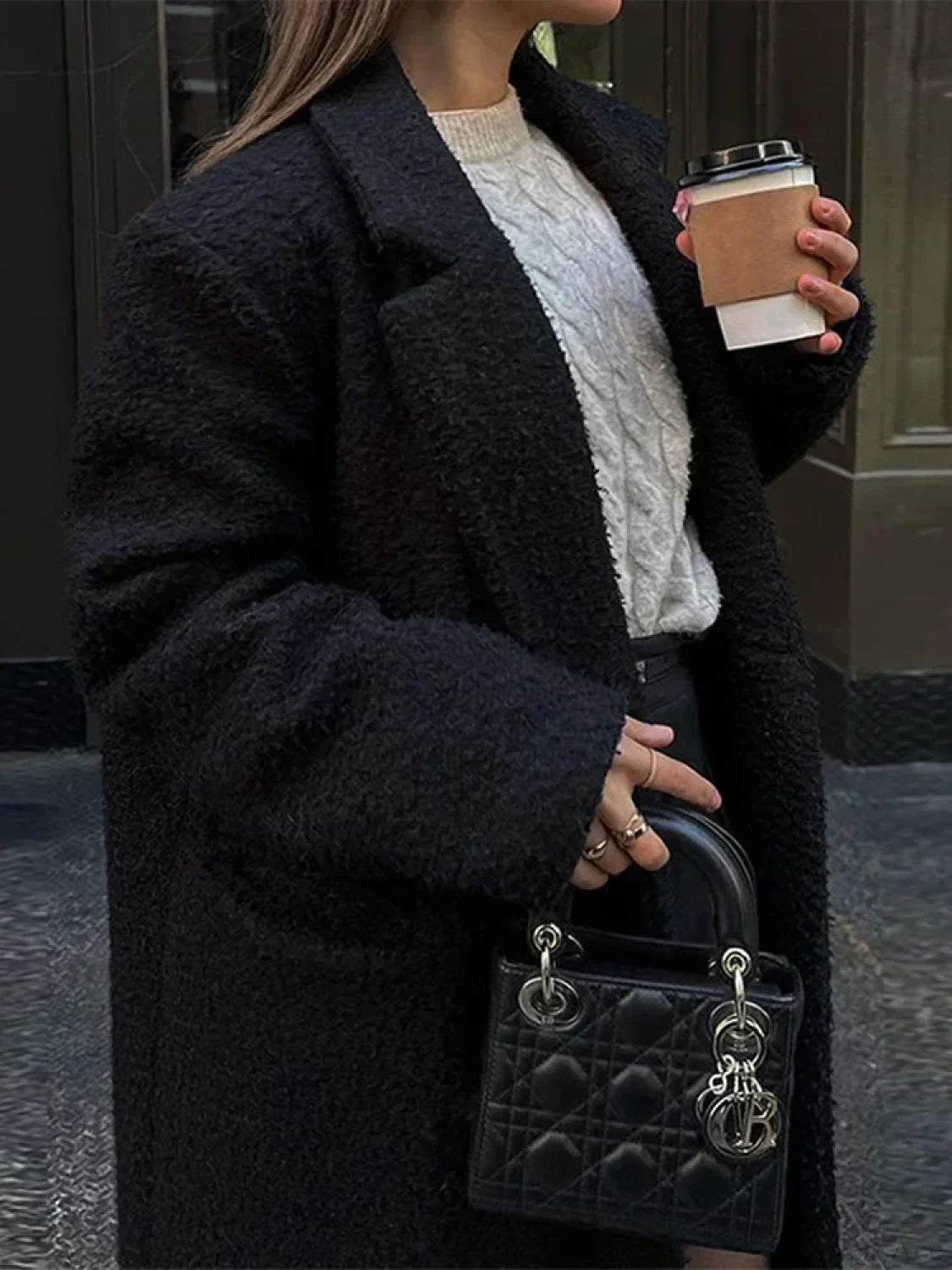 Elegant Long Black Wool Coat with Double-Breast Vintage