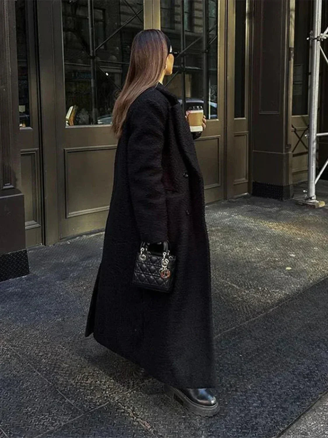 Elegant Long Black Wool Coat with Double-Breast Vintage
