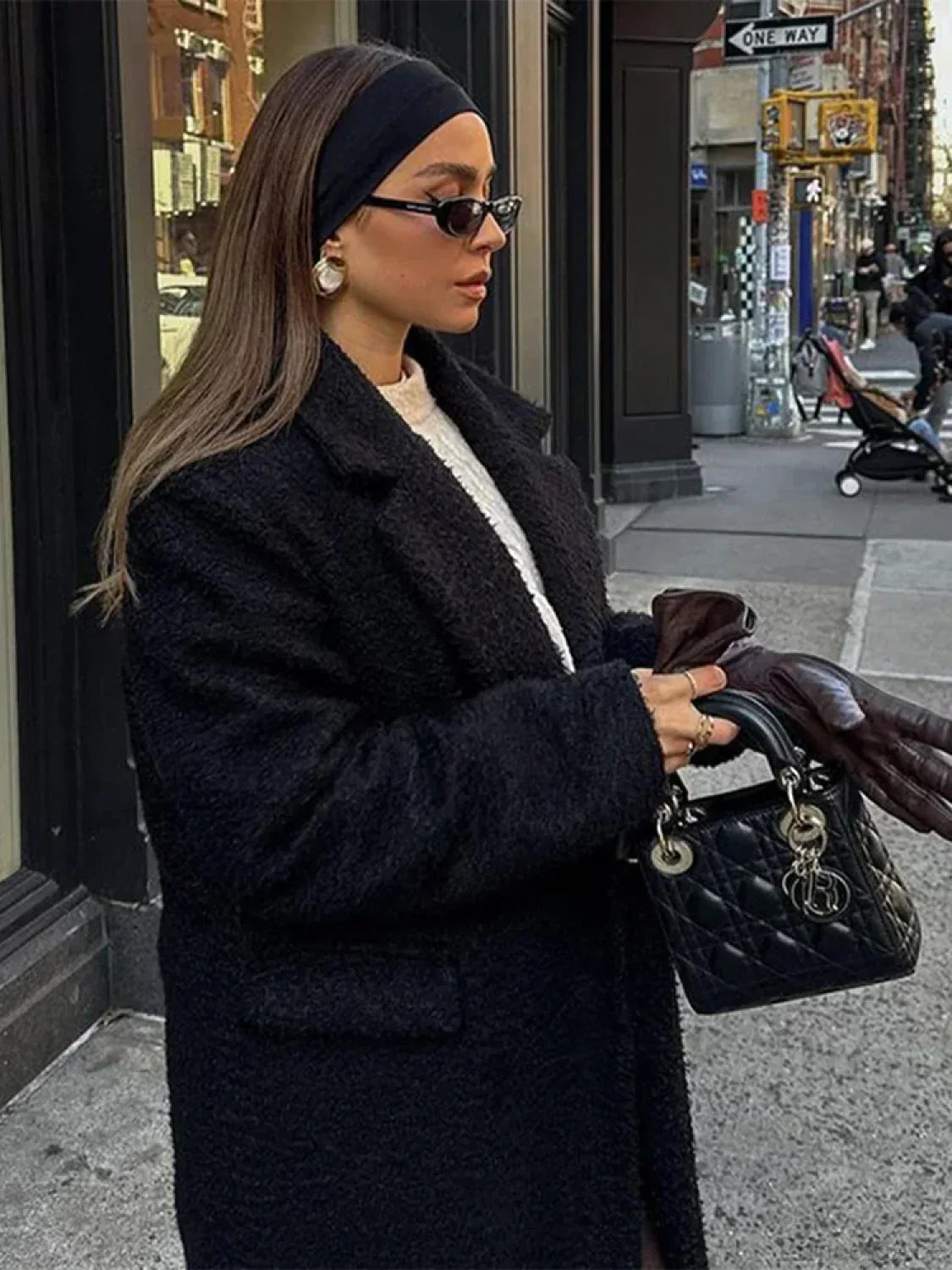 Elegant Long Black Wool Coat with Double-Breast Vintage