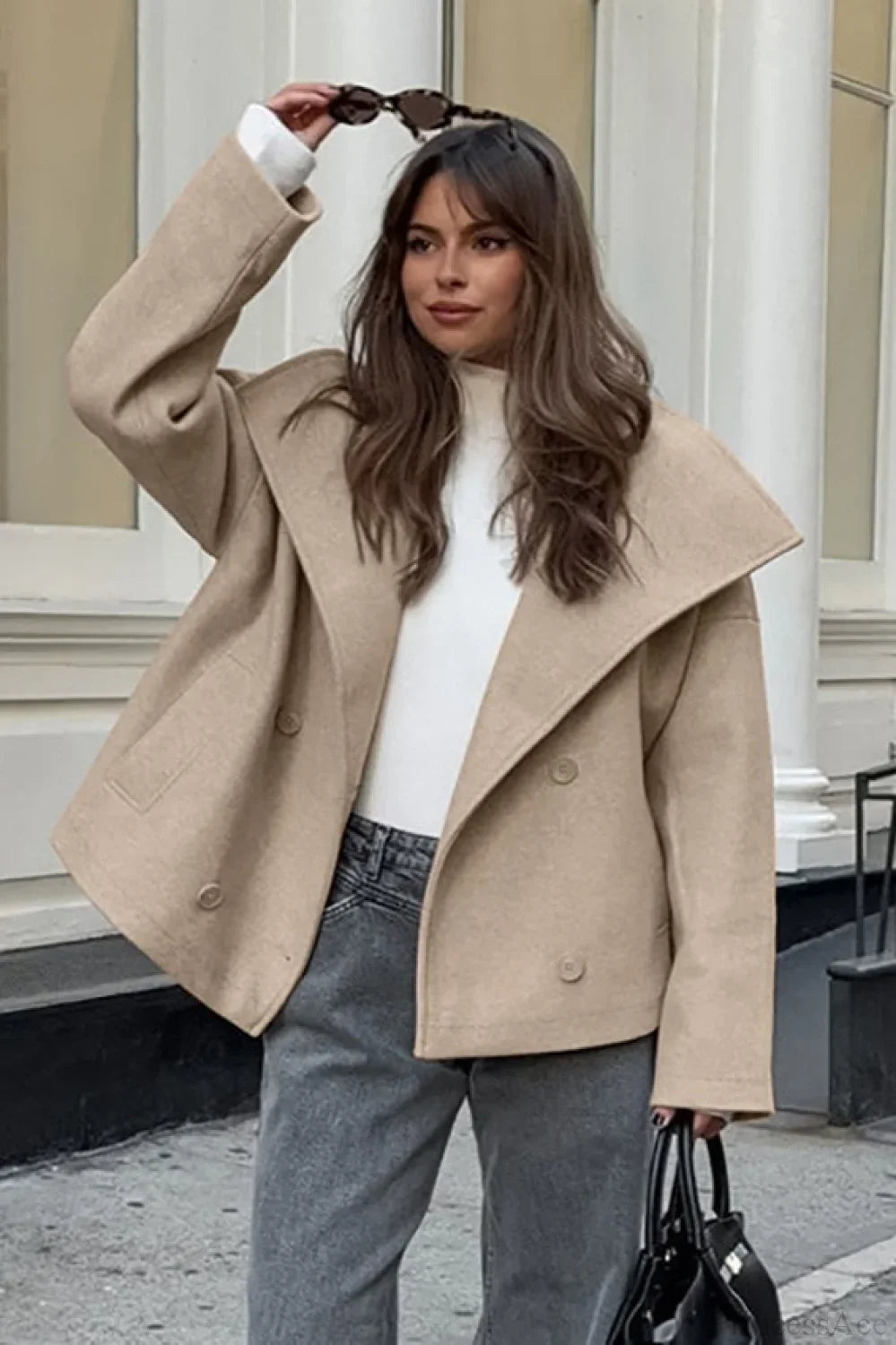 Vintage Wool Blend Coat with Double Button Closure in Khaki and Classic Style