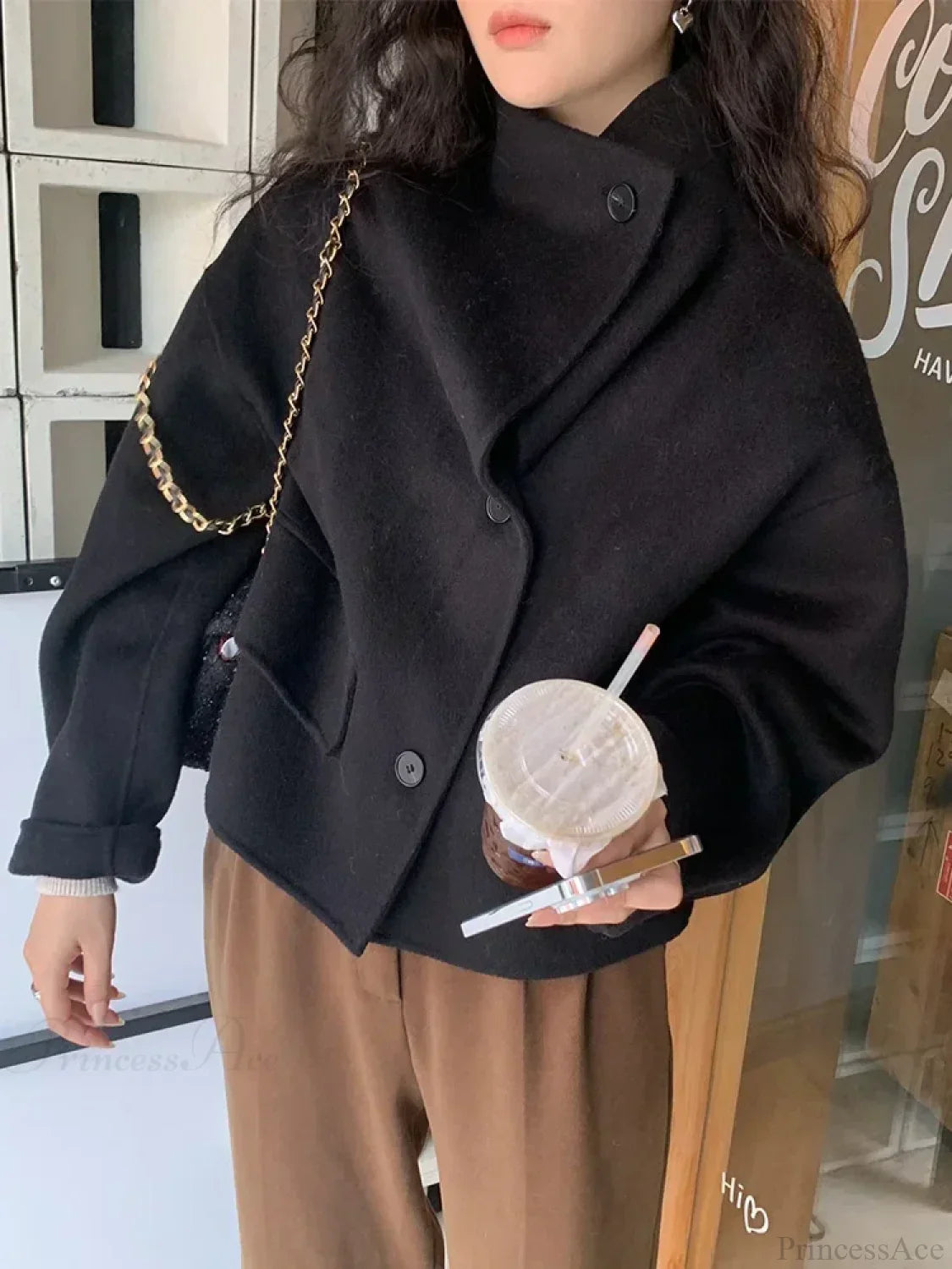 Elegant Winter Wool Overcoat with Stand Collar - Single-Breasted Design