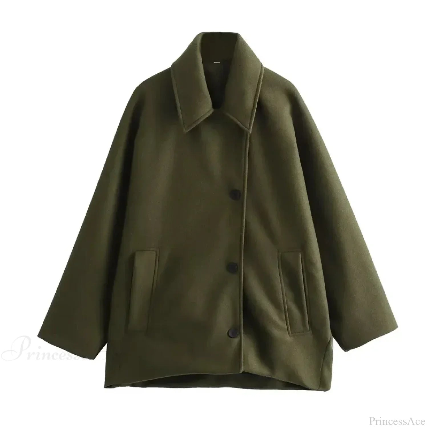 Elegant Khaki Green Wool Blend Long Sleeve Overcoat for Stylish Warmth