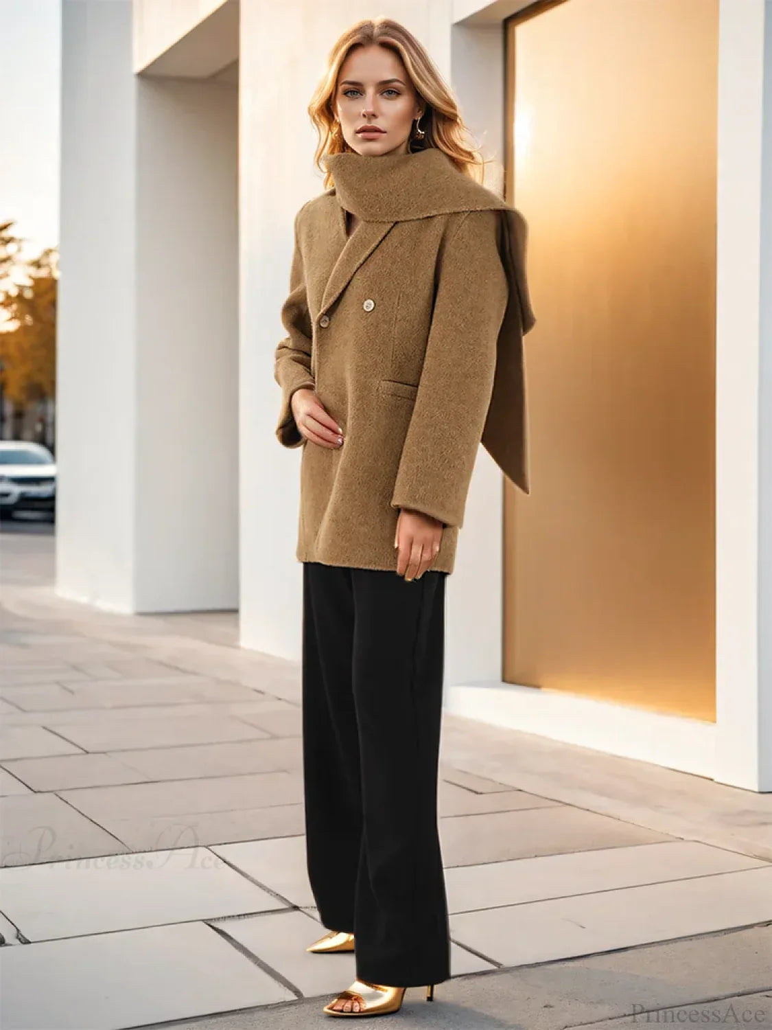 Elegant Double-Breasted Coat with Wool Scarf
