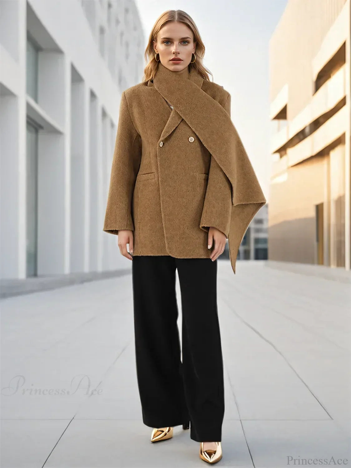 Elegant Double-Breasted Coat with Wool Scarf