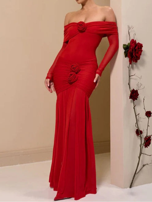 Elegant Solid Color Fold-Over Pleated Evening Dress with Long Sleeves