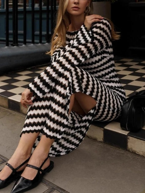 Knit Dress with Round Neck and One-Shoulder Design with Elegant Slit Detail