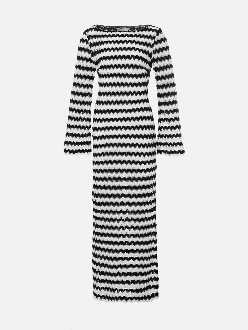 Knit Dress with Round Neck and One-Shoulder Design with Elegant Slit Detail