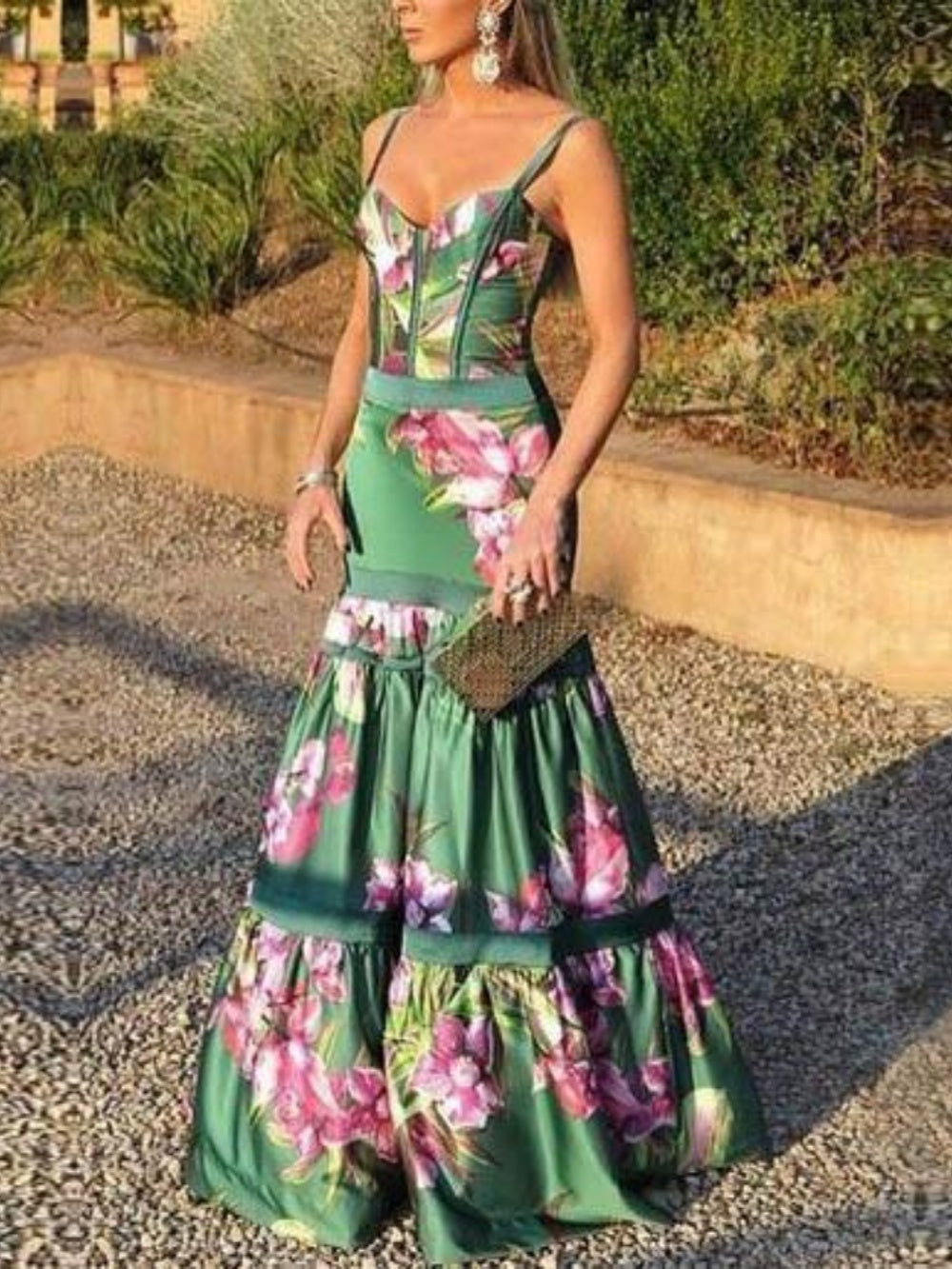 Maxi Satin Long Dress with Printed Panel and Back Straps