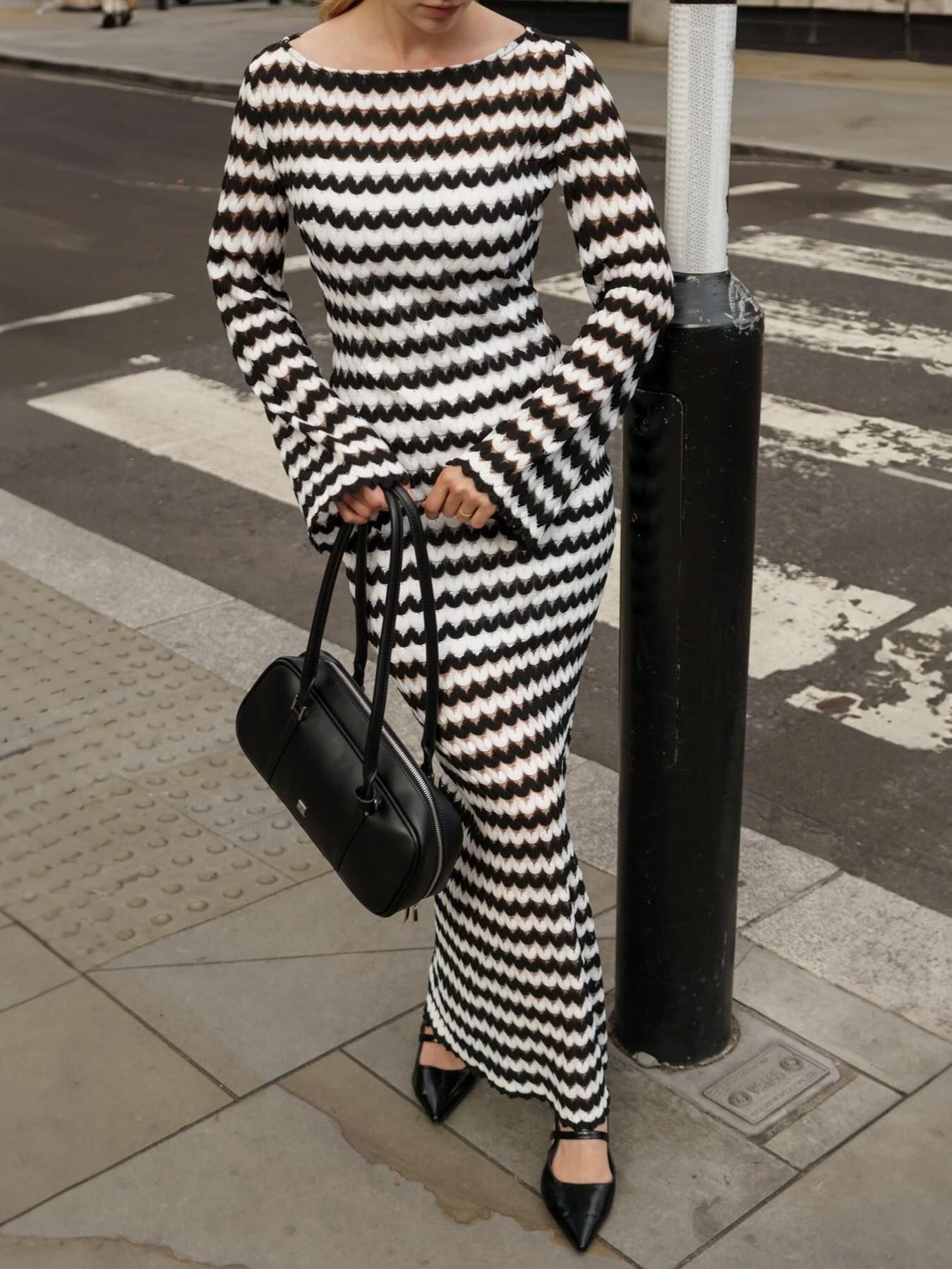 Knit Dress with Round Neck and One-Shoulder Design with Elegant Slit Detail