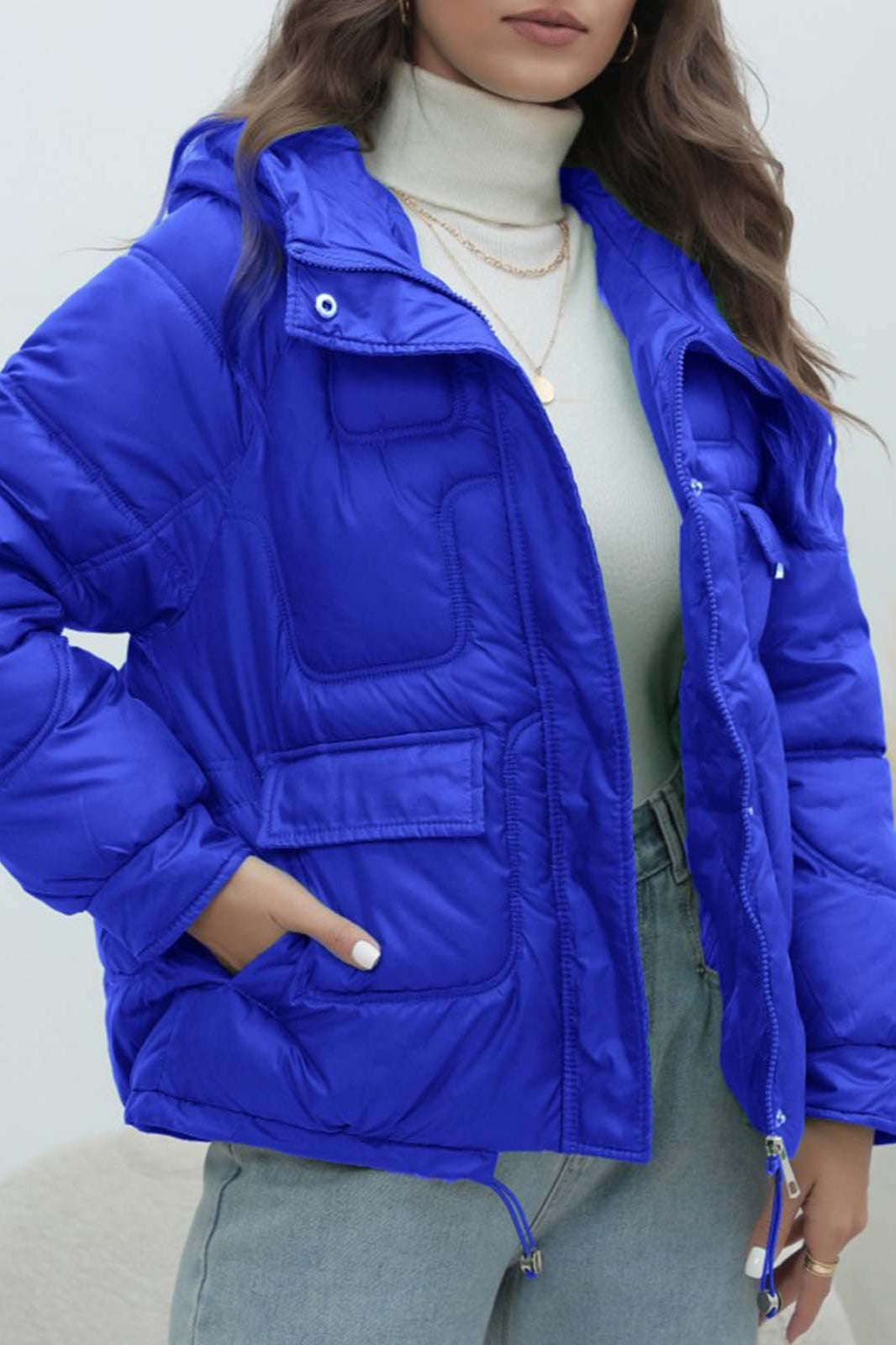 Bright colorful down coat with a short collar