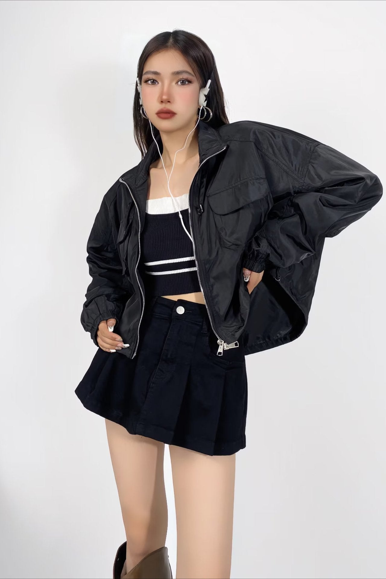 Elegant Short Cargo Coat with High Collar