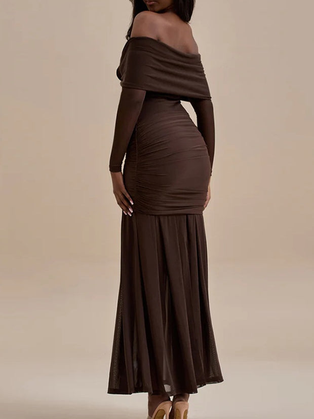 Elegant Solid Color Fold-Over Pleated Evening Dress with Long Sleeves