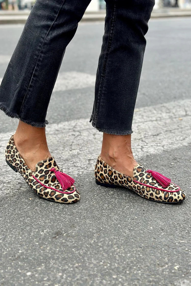 Animal-Print Loafer with Bold Fuchsia Fringes