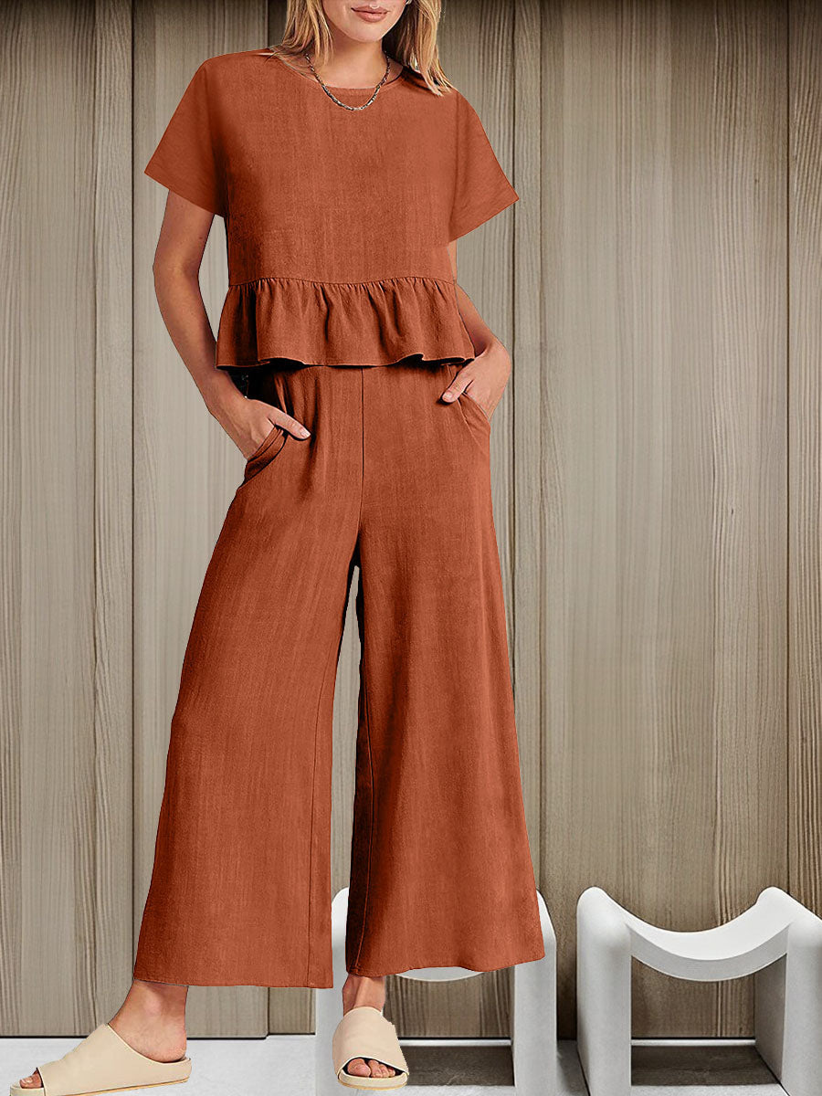 Two-piece ensemble with pleated short-sleeve blazer