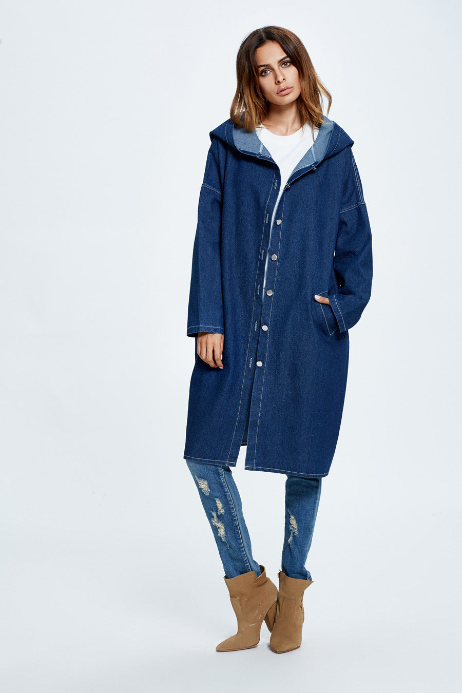 Casual Long Hooded Denim Coat for Stylish Comfort