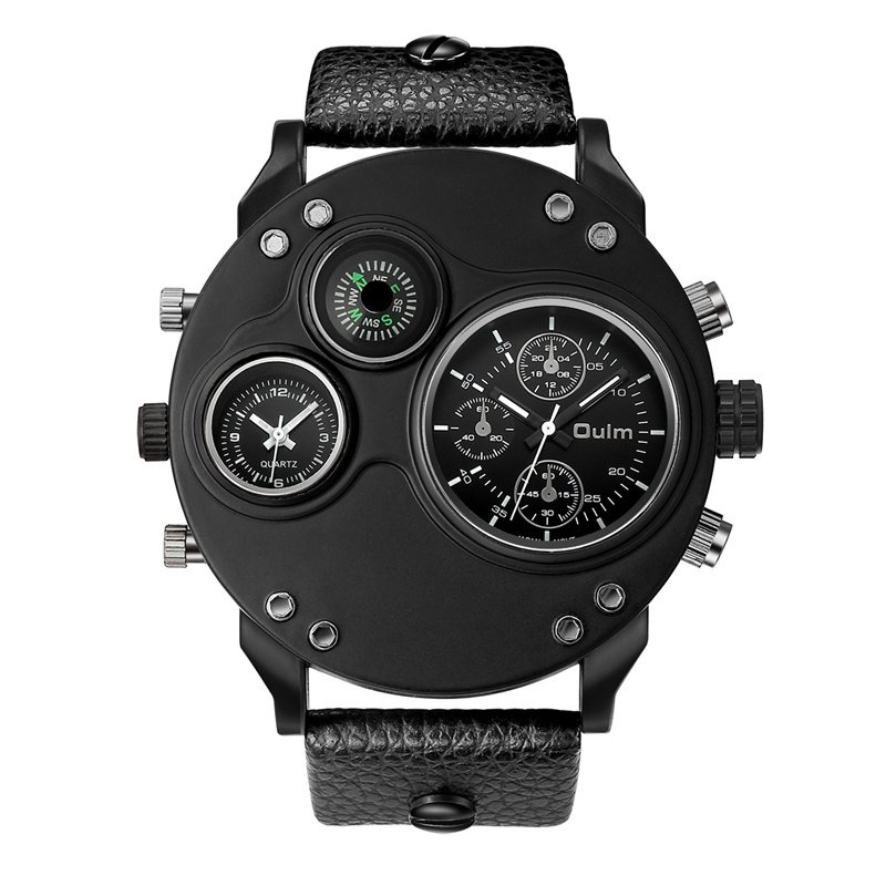 Elegant Black Leather Chronograph Watch with Dual Time Zones
