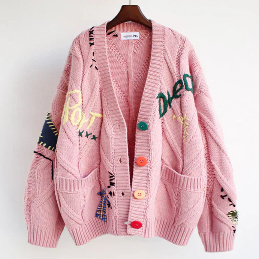 Women's Colorful Embroidered Pattern Cardigan with Floral Details – Cozy Knit