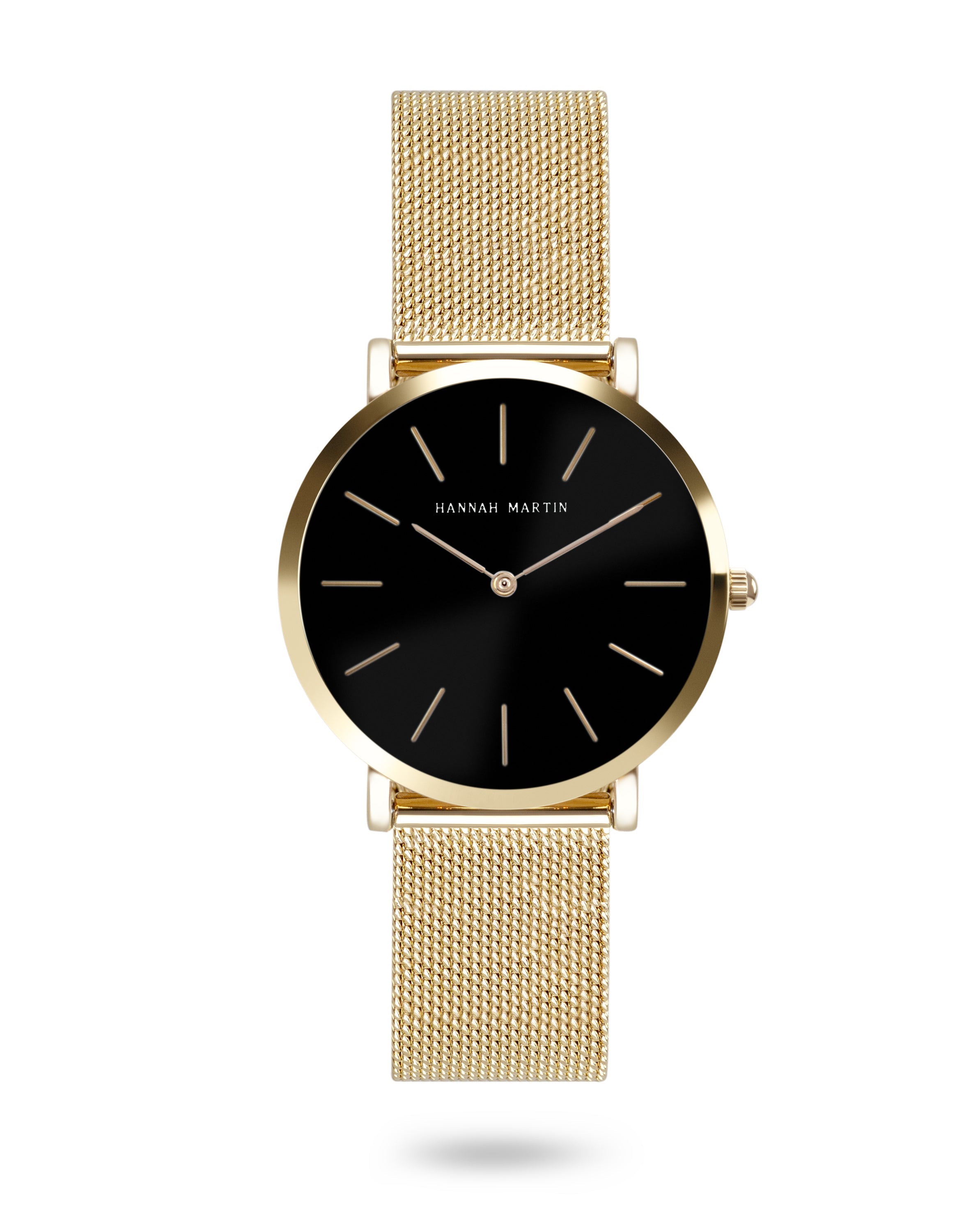 Noir Luxe - Elegant Gold Round Watch with Black Dial and Luxury Mesh Band