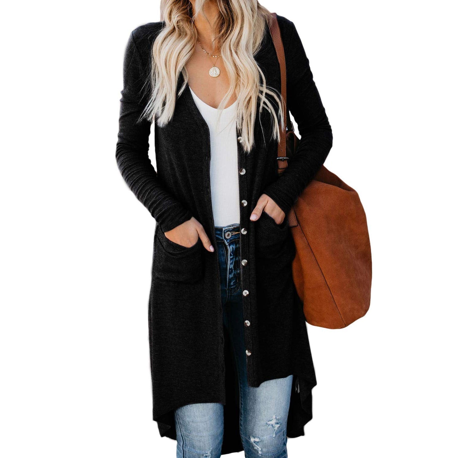 Women's Longline Cardigan with Button-Front - Effortless Casual-Chic Layering Piece