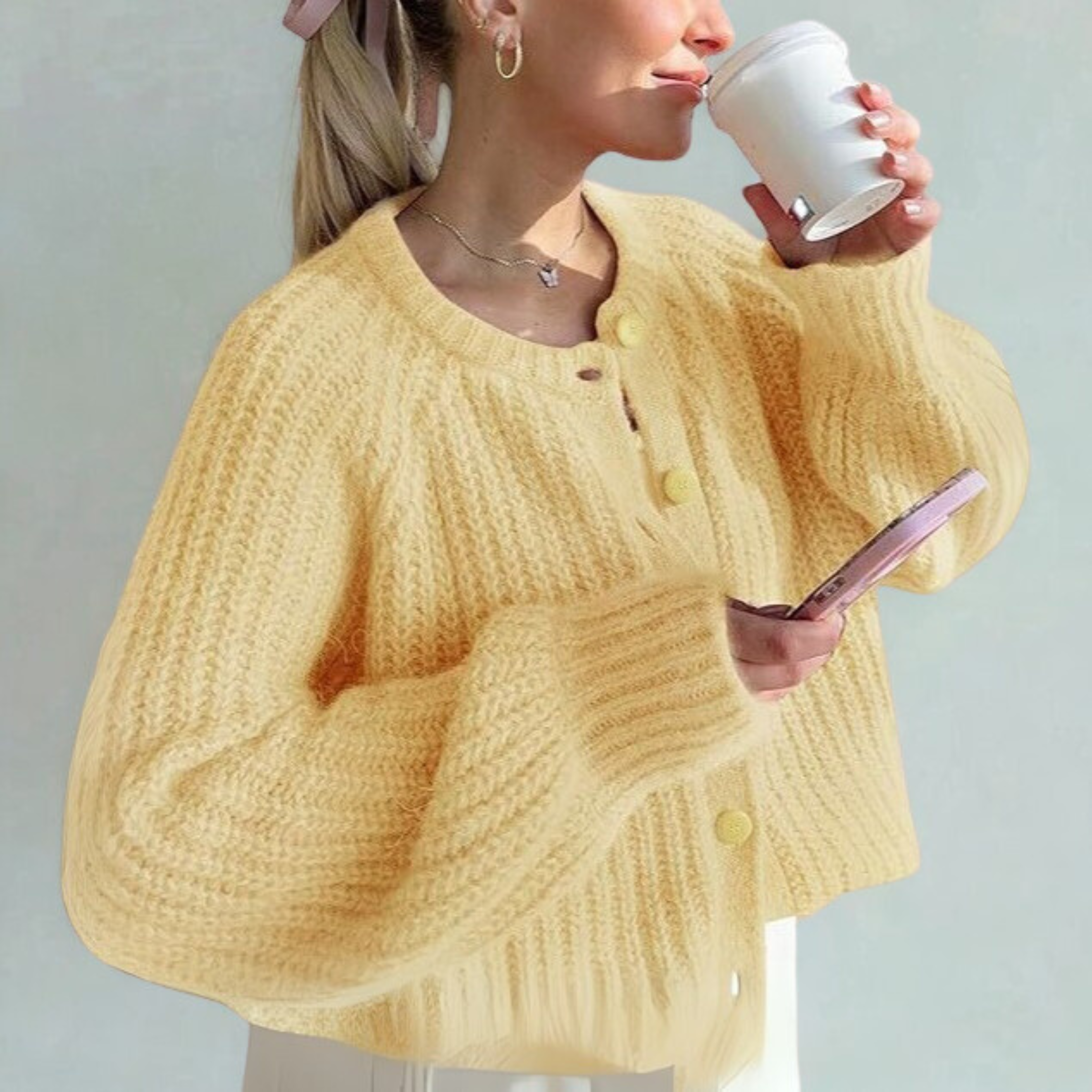 Cozy Solid Button-Down Cardigan, Long Sleeve, Round Neck