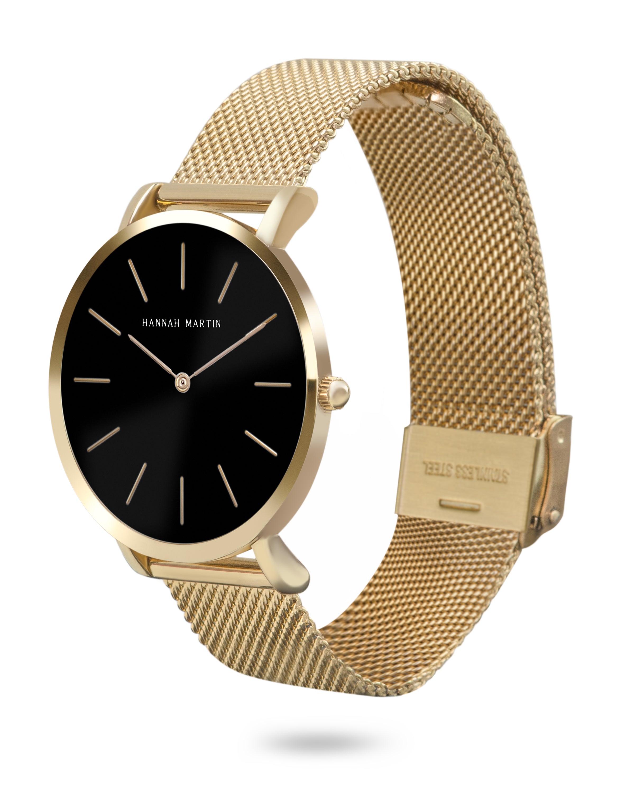 Noir Luxe - Elegant Gold Round Watch with Black Dial and Luxury Mesh Band