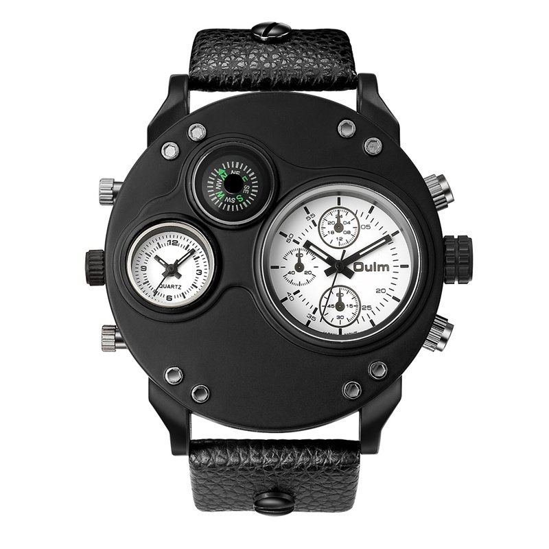 Elegant Black Leather Chronograph Watch with Dual Time Zones