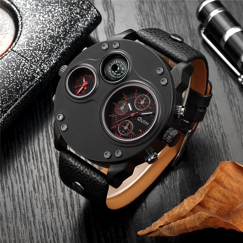 Elegant Black Leather Chronograph Watch with Dual Time Zones