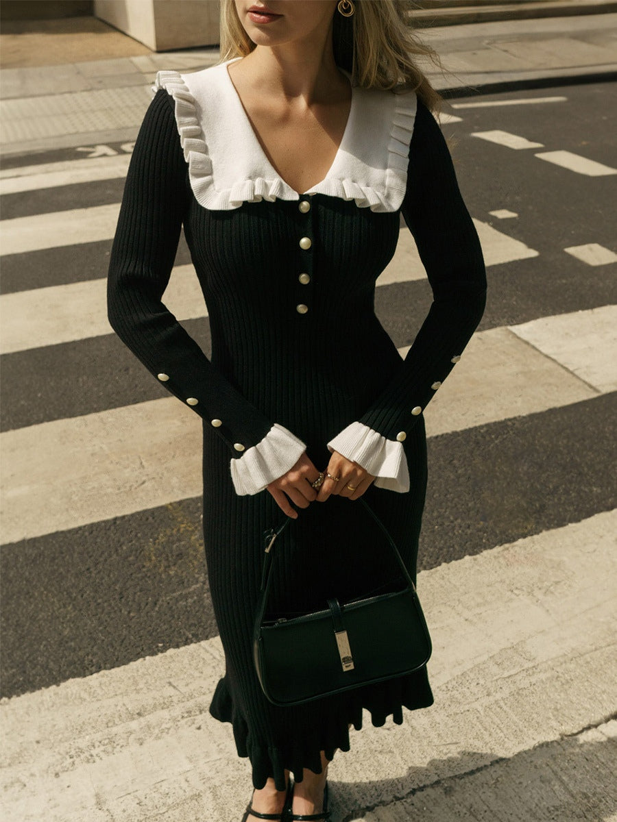 Ruffled Long Sleeve Knitted Midi Dress - Elegant and Cozy Style
