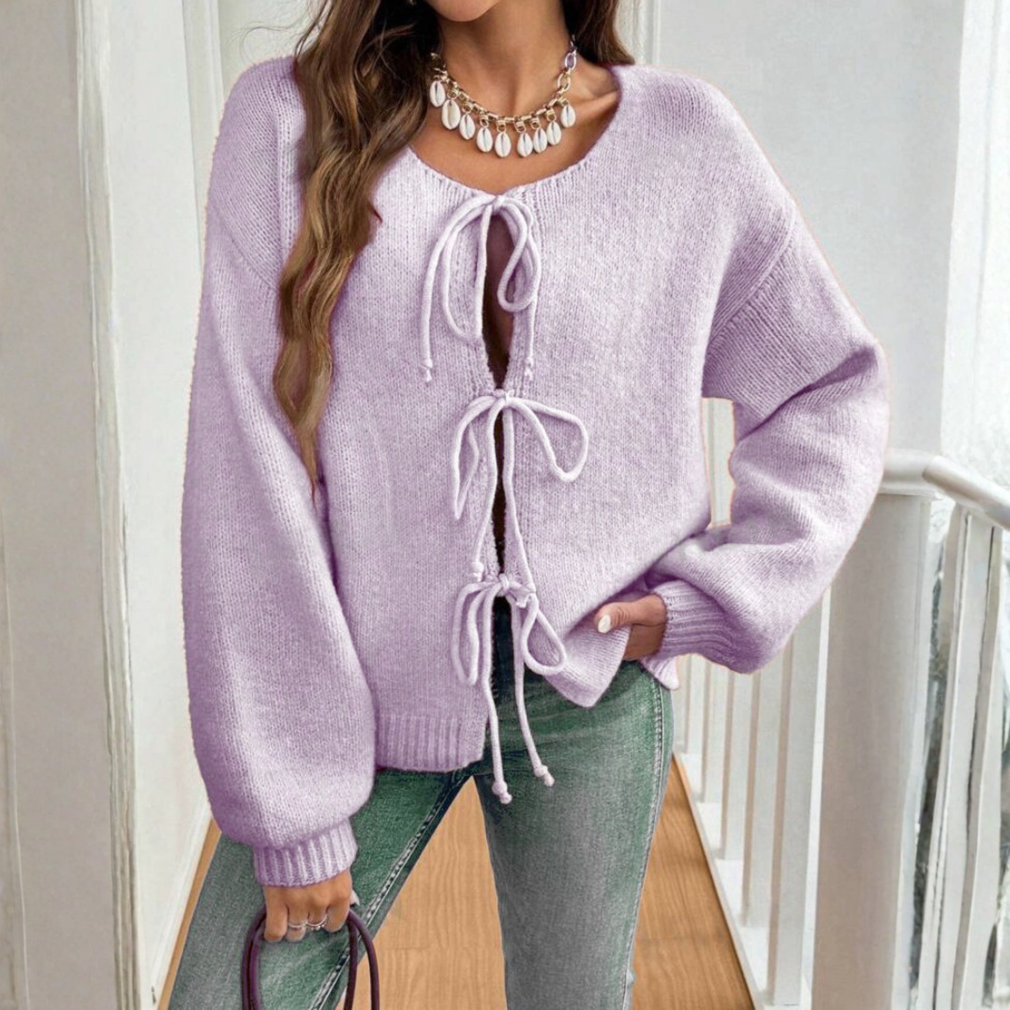 Chic Long-Sleeve Tie-Front Cardigan with Round-Neck