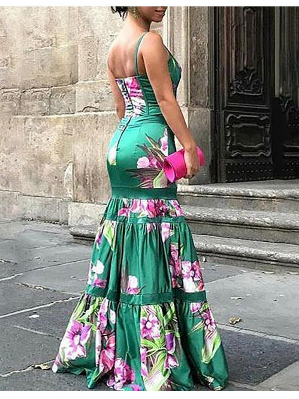 Maxi Satin Long Dress with Printed Panel and Back Straps