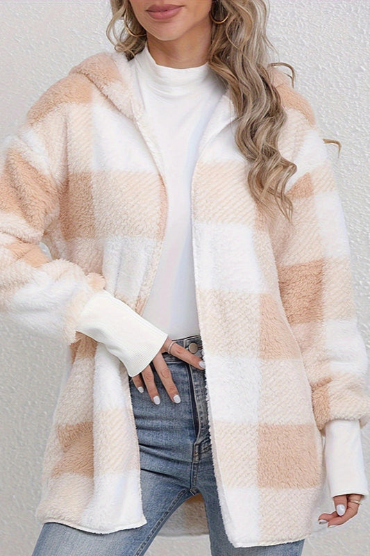 Medium-length hooded checkered coat with fleece