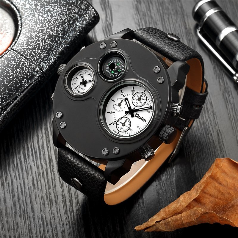 Elegant Black Leather Chronograph Watch with Dual Time Zones