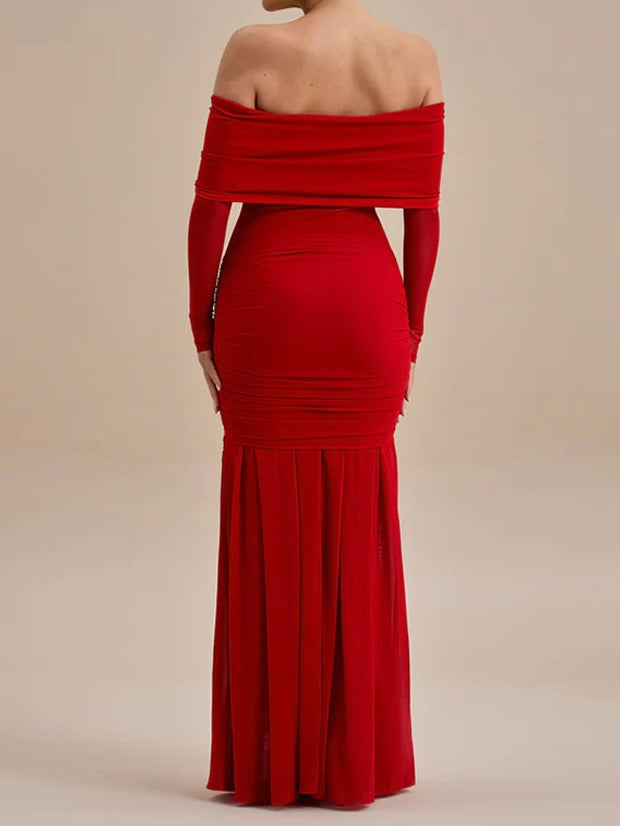 Elegant Solid Color Fold-Over Pleated Evening Dress with Long Sleeves