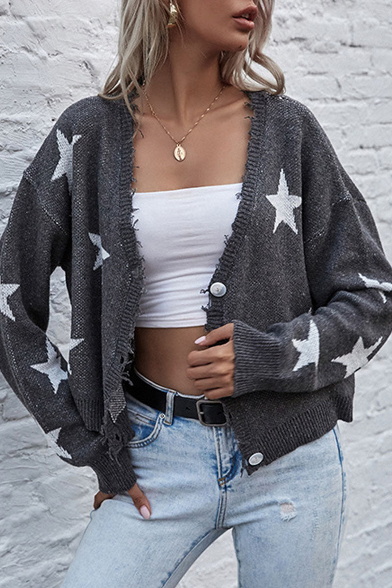 Letty - Cozy V-Neck Knitted Cardigan Featuring a Star Design