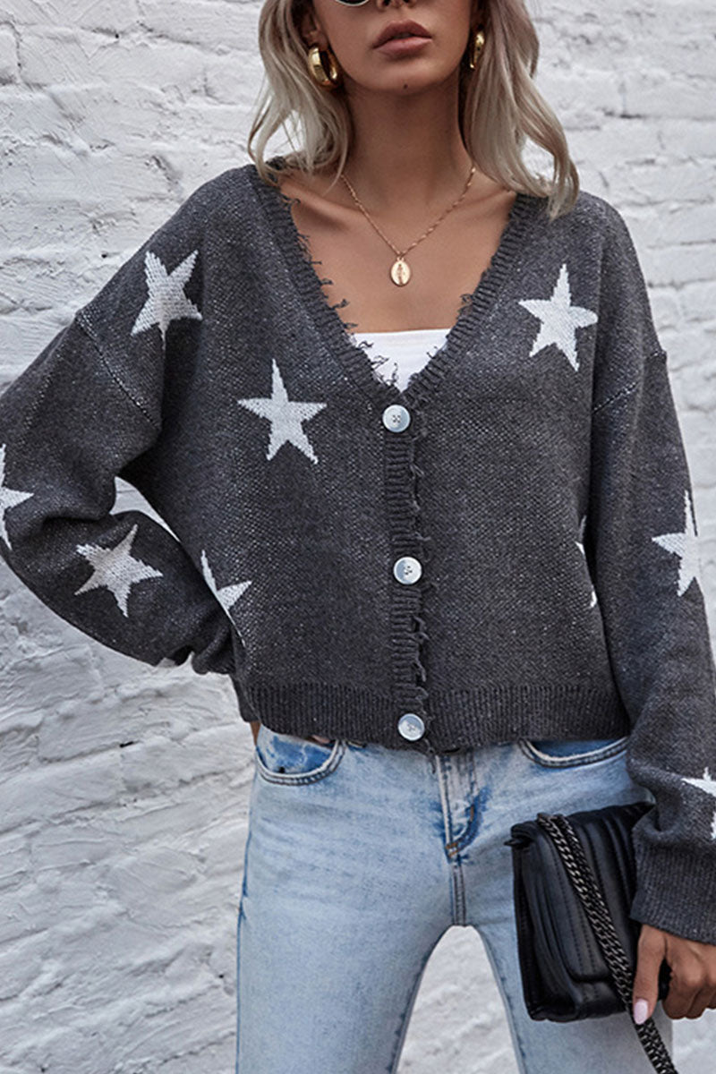 Letty - Cozy V-Neck Knitted Cardigan Featuring a Star Design