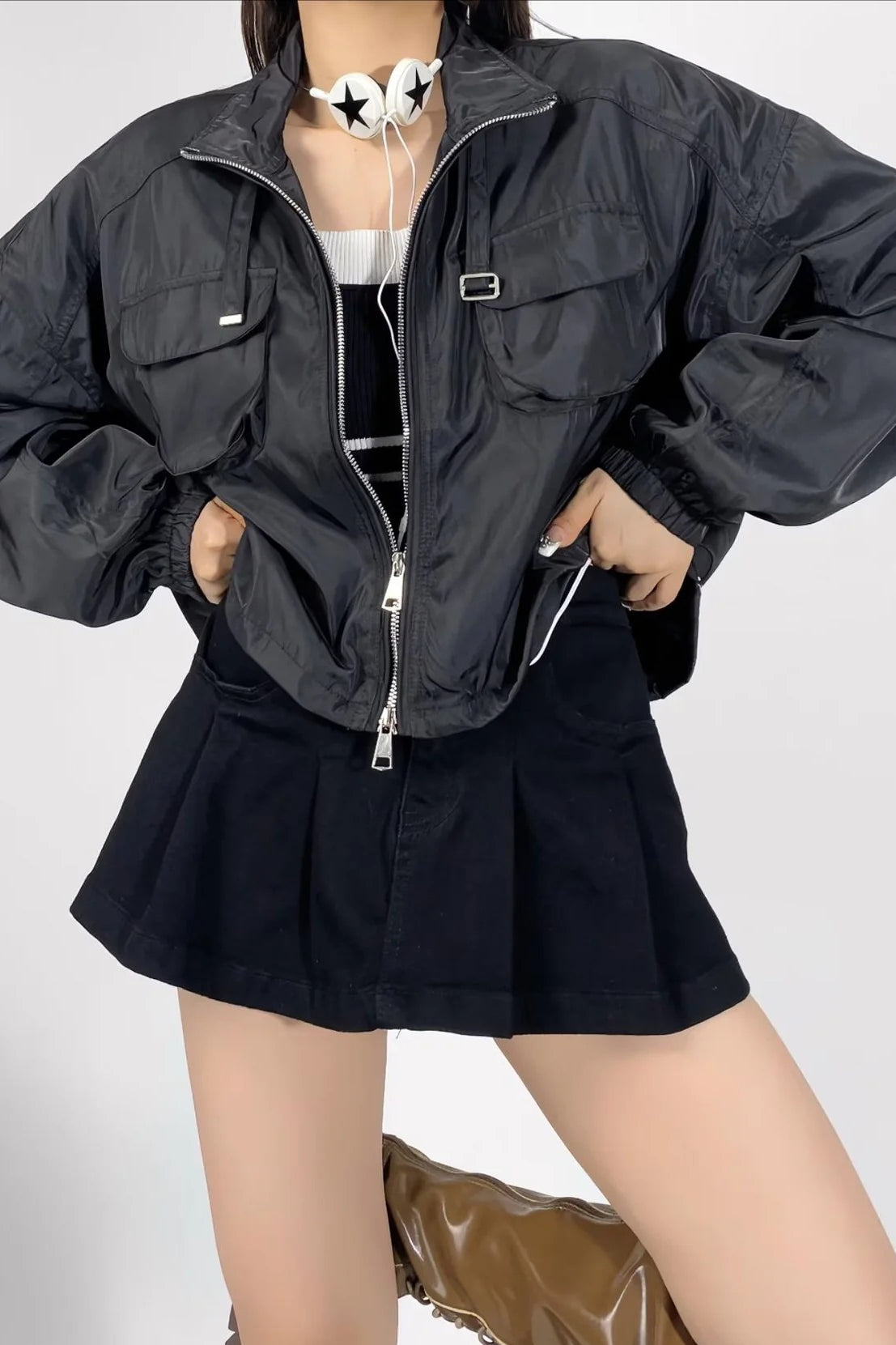 Elegant Short Cargo Coat with High Collar