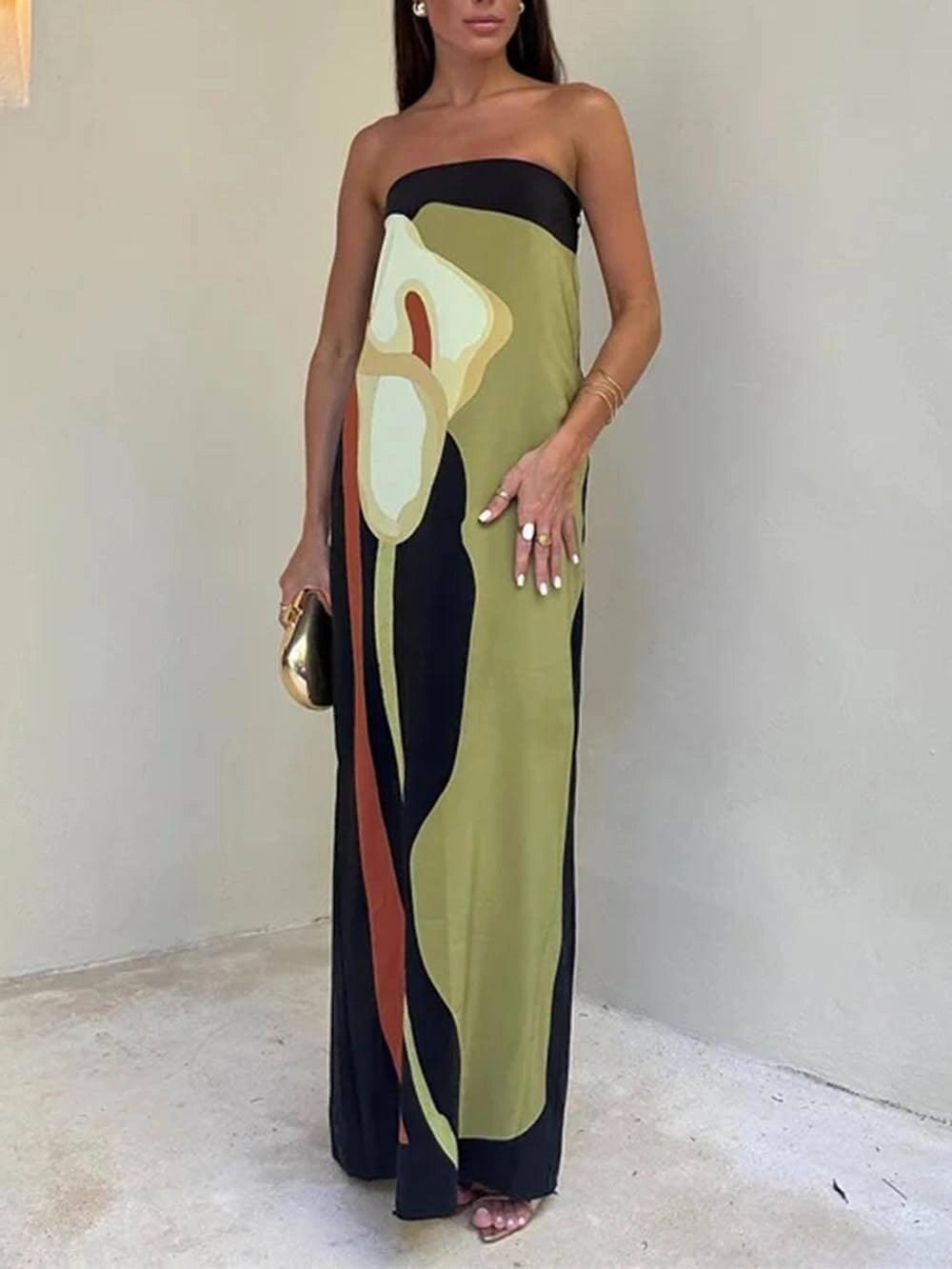 Sleeveless Strapless Color Block Pattern Long Dress