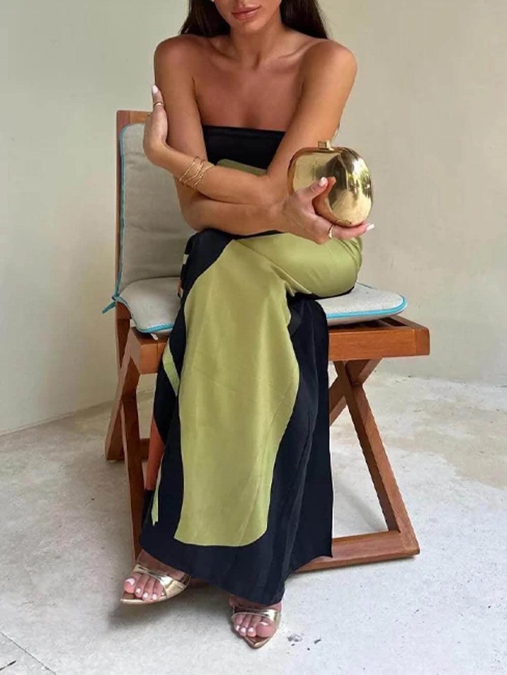 Sleeveless Strapless Color Block Pattern Long Dress