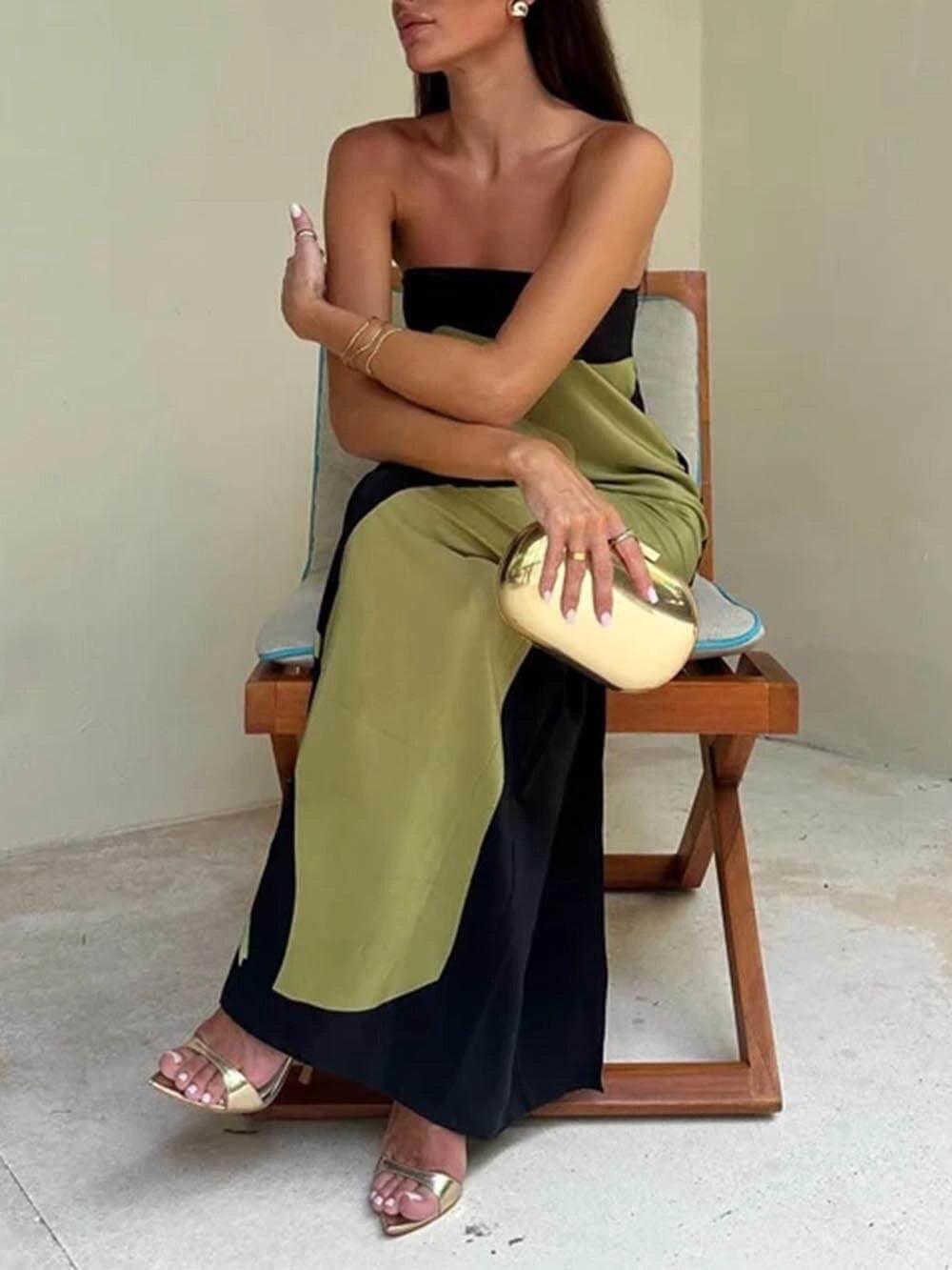 Sleeveless Strapless Color Block Pattern Long Dress