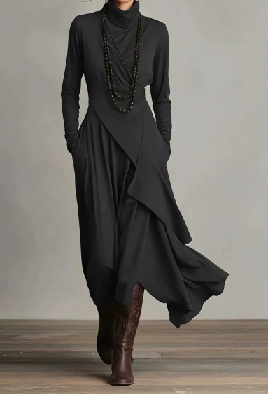 Elegant Stretch Polyester Cotton Blend Turtleneck Draped Maxi Dress