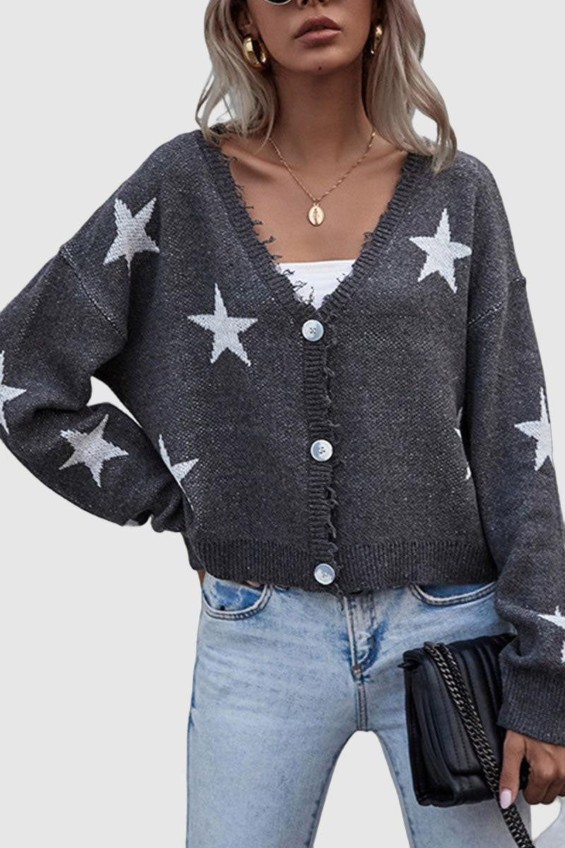 Letty - Cozy V-Neck Knitted Cardigan Featuring a Star Design