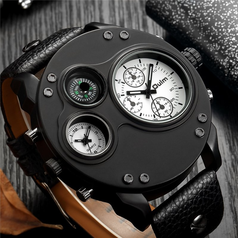 Elegant Black Leather Chronograph Watch with Dual Time Zones