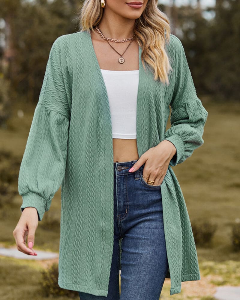 Women's Open-Front Cardigan in Textured Knit, Dramatic Long Voluminous Sleeves, Mid-Thigh Length
