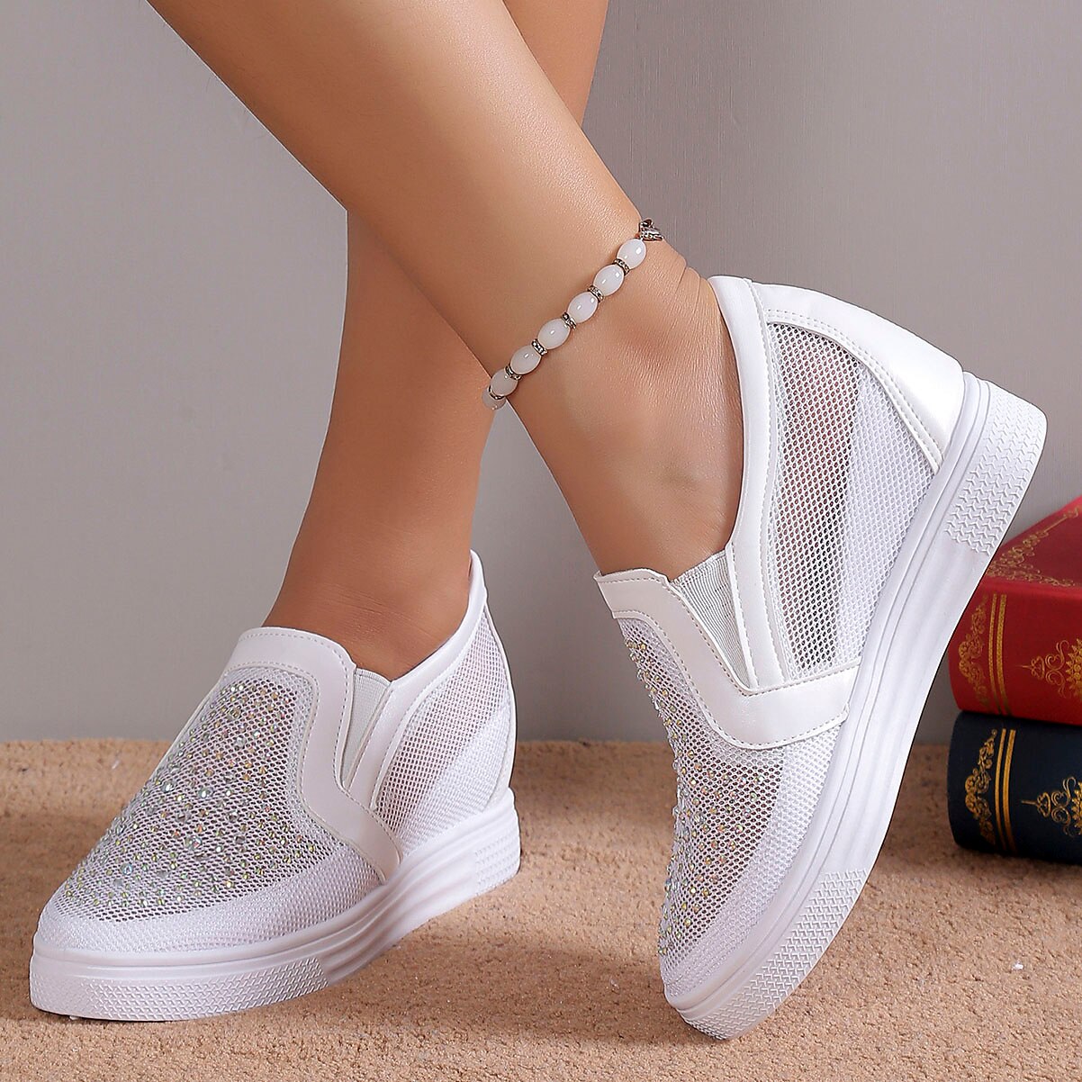 Elegant white crystal-studded women's sneakers