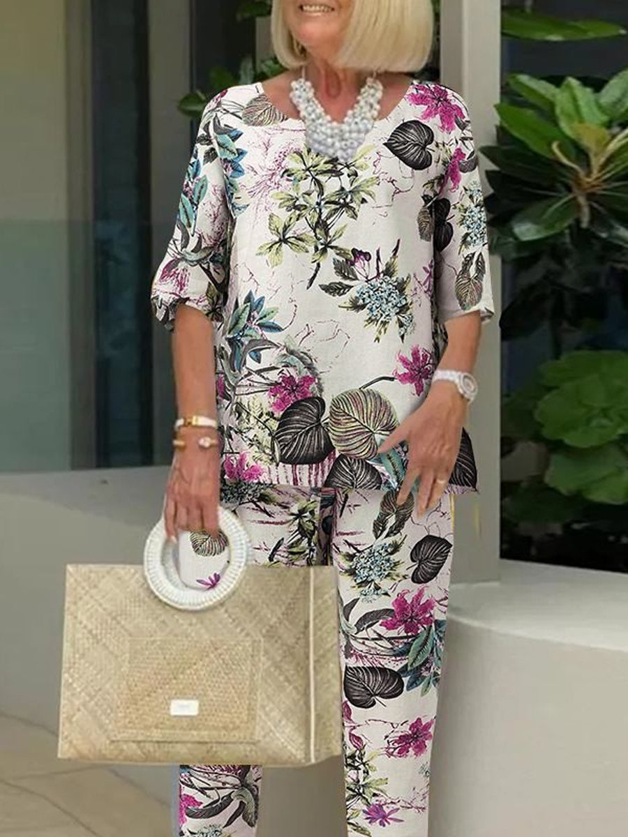 Two-Piece Floral Print Set with Round Neck