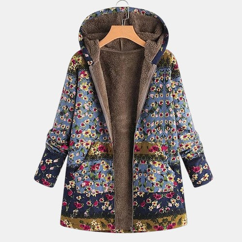 Clarisse Boho Floral Sherpa Hooded Coat - Cozy, Stylish Winter Outerwear