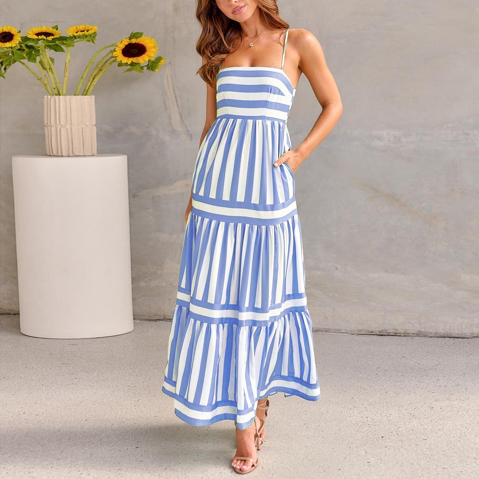 Marisol Striped Maxi Dress with Adjustable Straps and Convenient Pockets