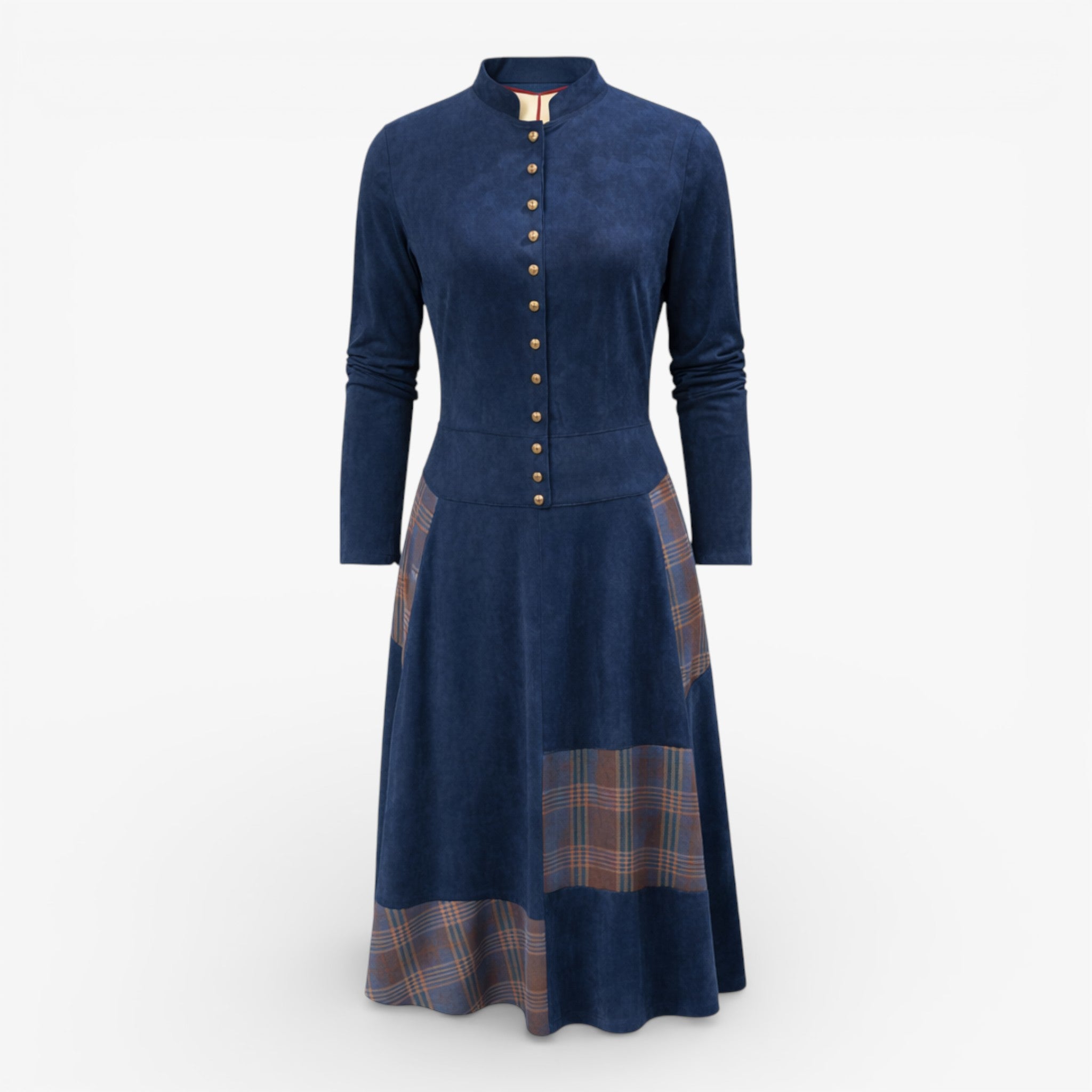 Long navy blue faux suede midi skirt with vintage Western plaid patchwork and belt