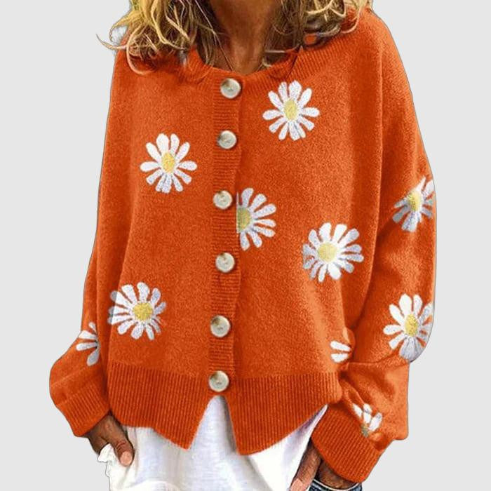 Women's Daisy-Embroidered Button-Down Cardigan with Floral Detail