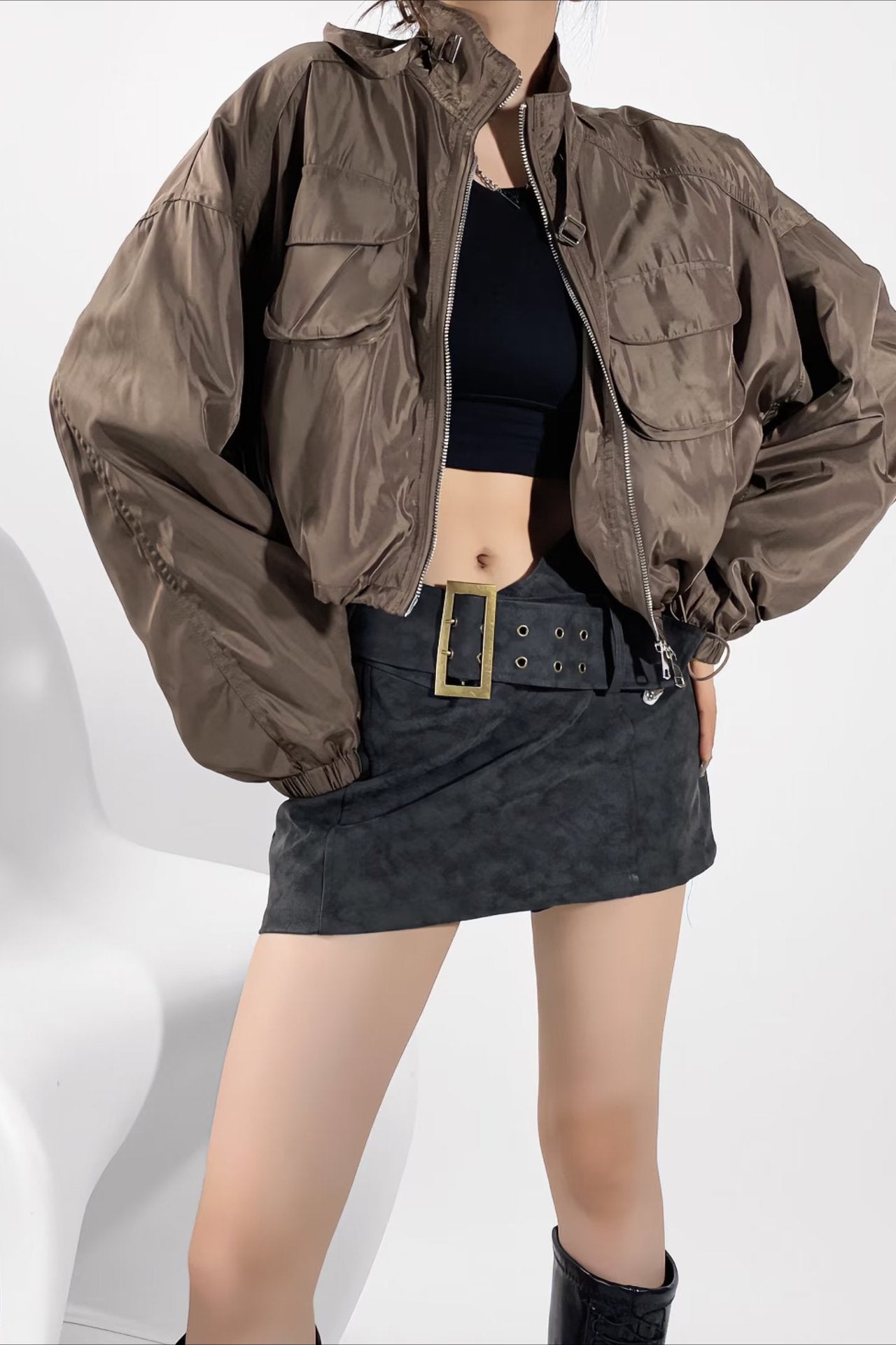 Elegant Short Cargo Coat with High Collar